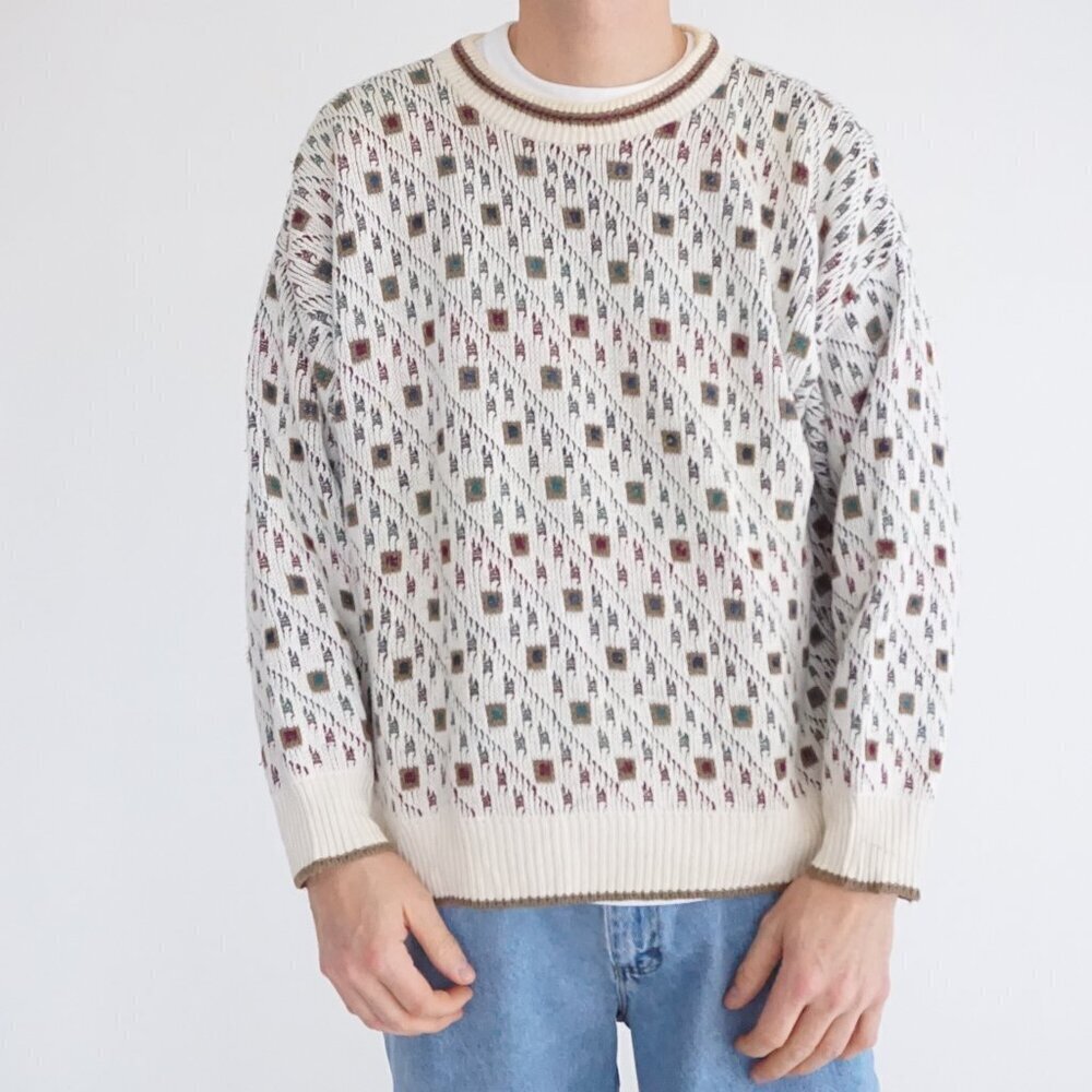 VTG Expressions Ivory Cotton Patterned Knit Retro Cabincore Eclectic Sweater L
